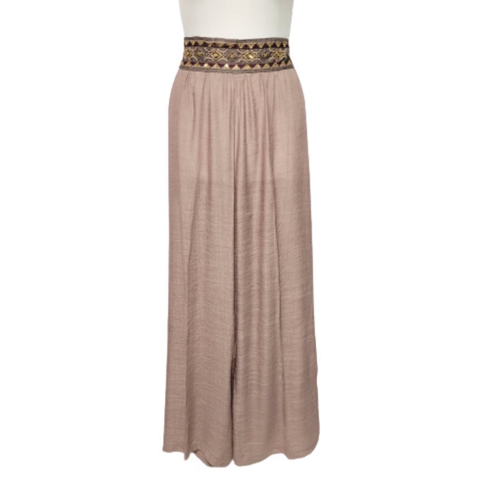 Solid Sand Brown Sheer Sequin Waistband Wide Leg Casual Pants